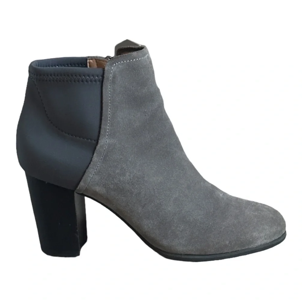 Vionic Whitney Ankle Boots 7.5 Gray Suede Neoprene Block Heel Orthotic Comfort
